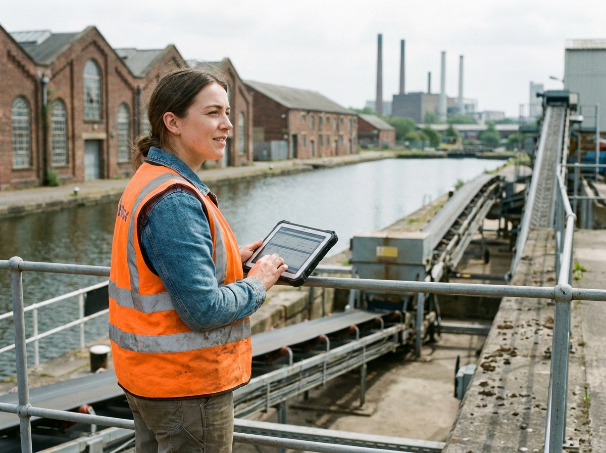 Jeune femme avec tablette dans un site industriel rénové