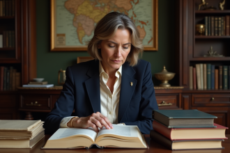 Femme française lisant dans une bibliothèque ancienne