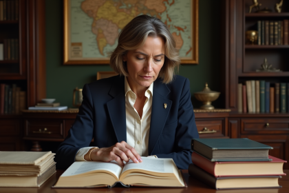 Femme française lisant dans une bibliothèque ancienne