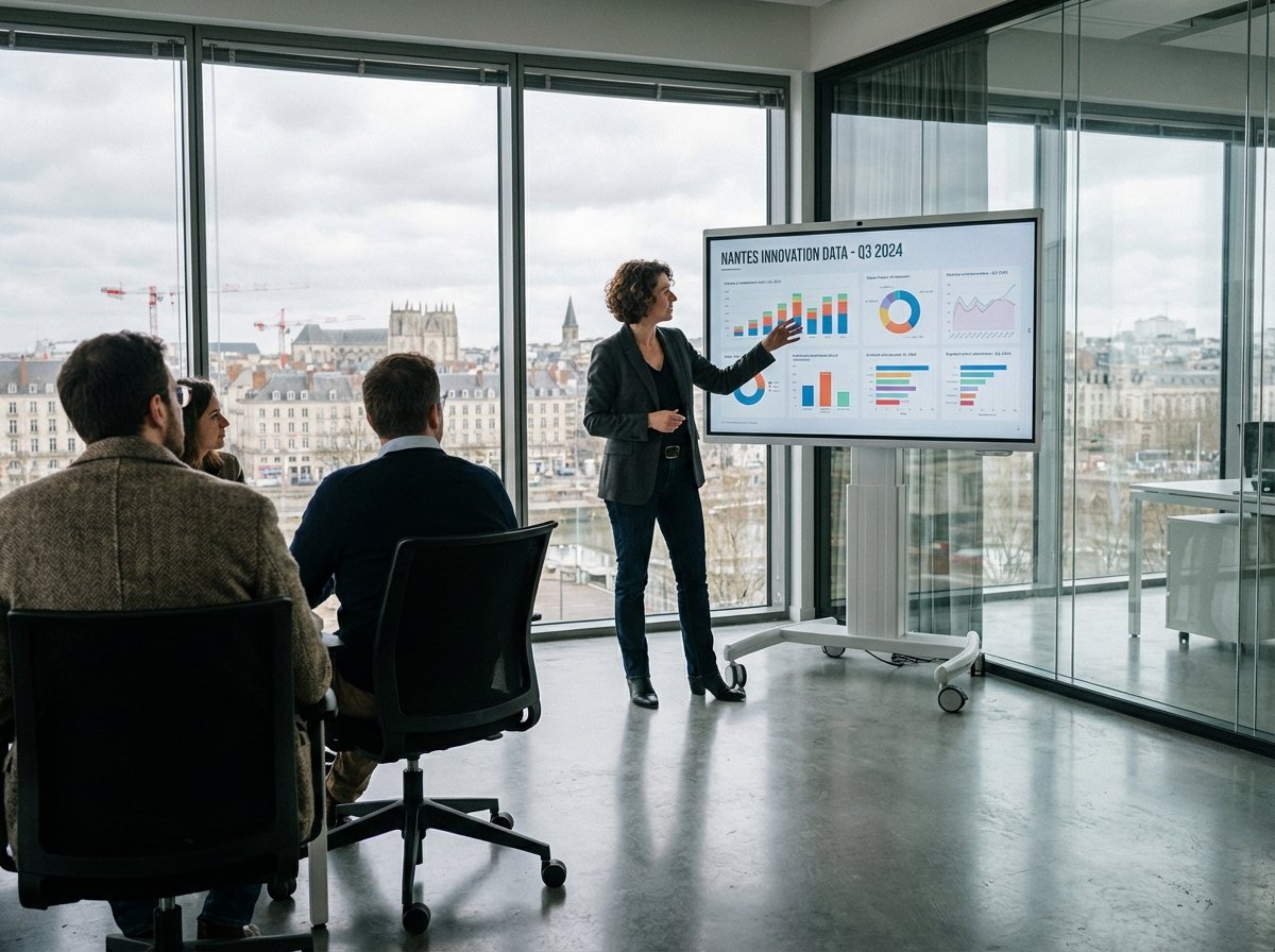 Femme présentant des données dans une salle de réunion à Nantes
