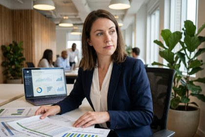 Femme professionnelle consultant des tableaux comparatifs de salaires par métier dans un bureau moderne