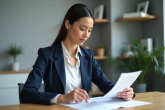Femme professionnelle en blazer marine relisant son CV et sa lettre de motivation côte à côte sur un bureau en bois dans un bureau suisse minimaliste