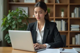 Femme professionnelle rédigeant une lettre de motivation en urgence sur son ordinateur portable dans un bureau à domicile