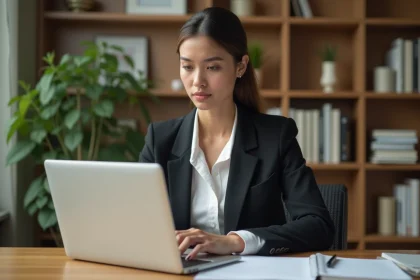 Femme professionnelle rédigeant une lettre de motivation en urgence sur son ordinateur portable dans un bureau à domicile