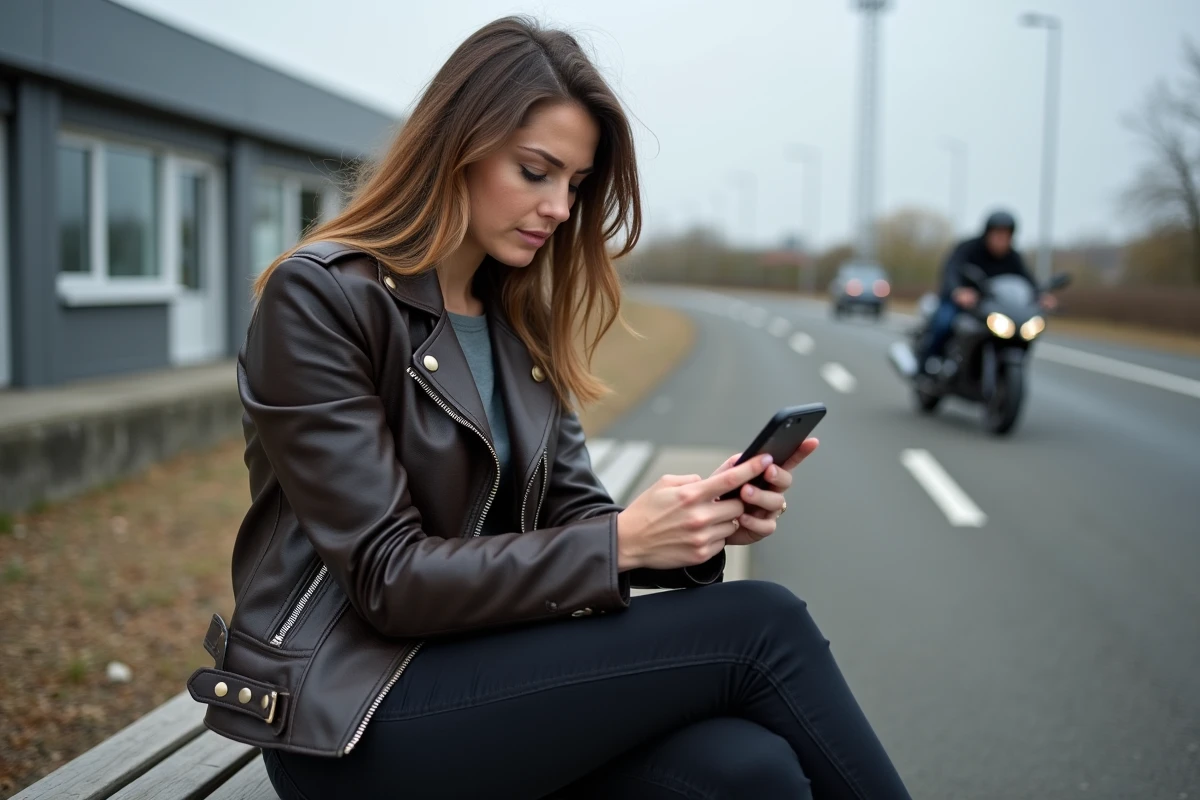 Femme en veste de moto révisant le code de la route sur son téléphone devant un centre de formation moto