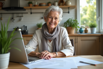 Femme senior souriante travaillant à son bureau à domicile
