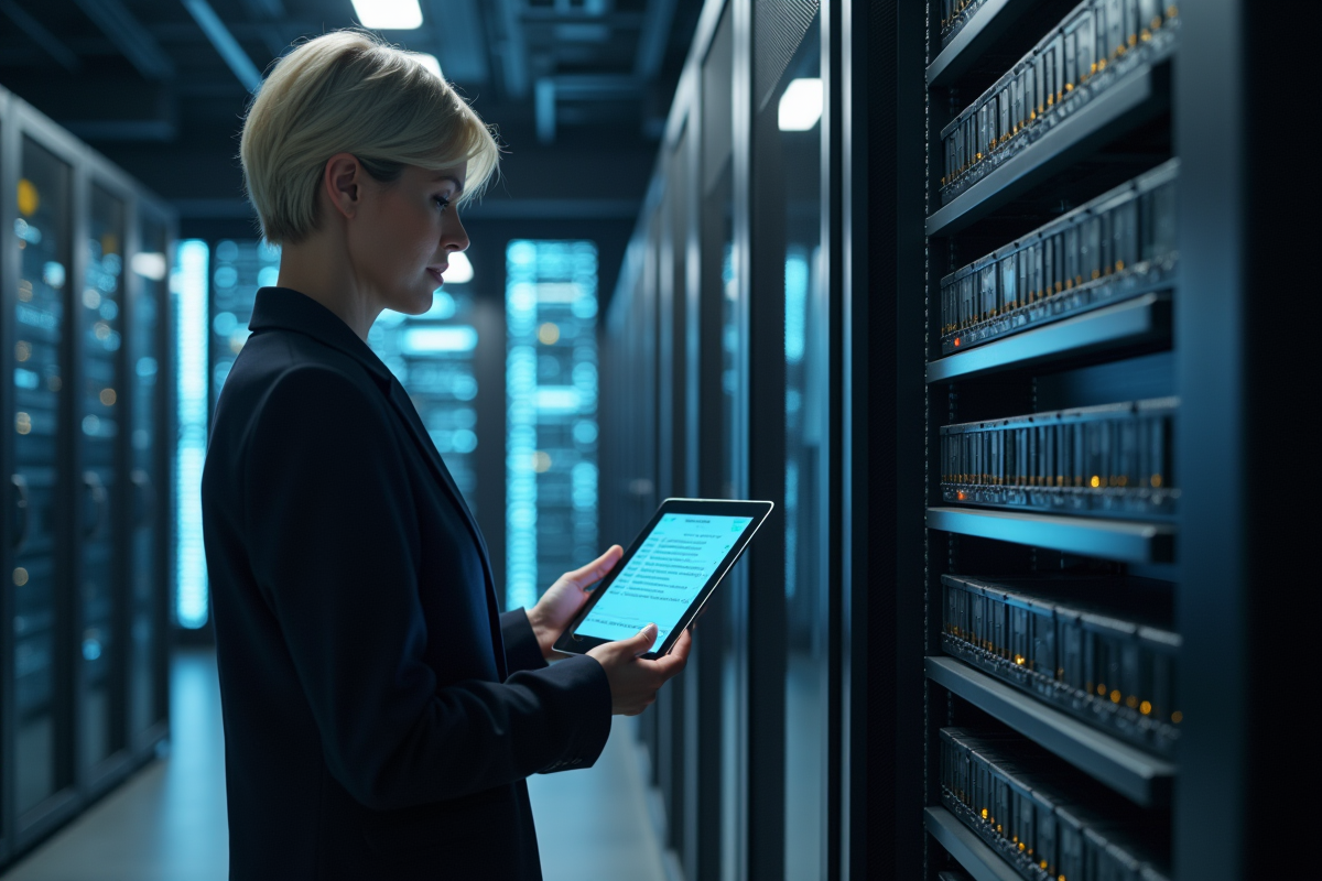 Femme d age moyen dans une salle serveurs hightech