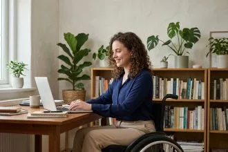 Femme en fauteuil moderne travaillant sur son ordinateur dans un bureau