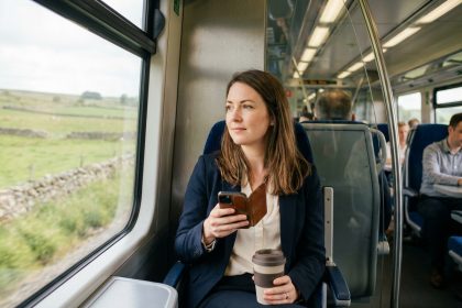 Femme d affaires dans le train regardant par la fenetre