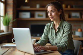 Femme en travail agricole utilisant un ordinateur dans un bureau