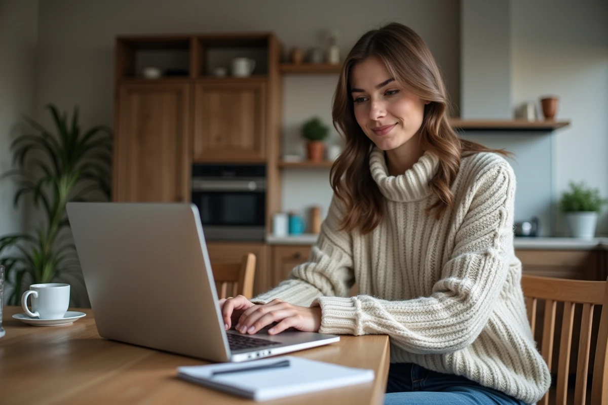 Femme concentrée travaillant à la maison dans une cuisine chaleureuse