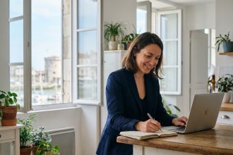 Femme en blazer et jeans travaillant à la maison à La Rochelle