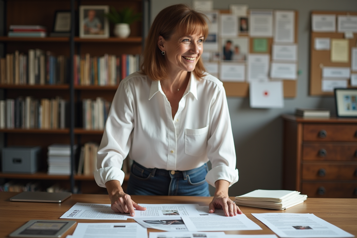 Femme organisée dans un bureau à la maison avec photos et notes