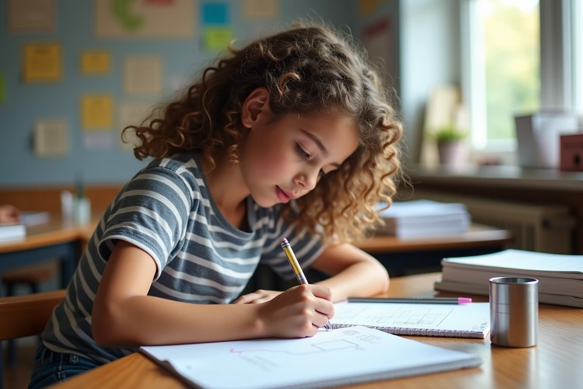 Fille dessinant un cylindre et sa formule dans un cahier de maths