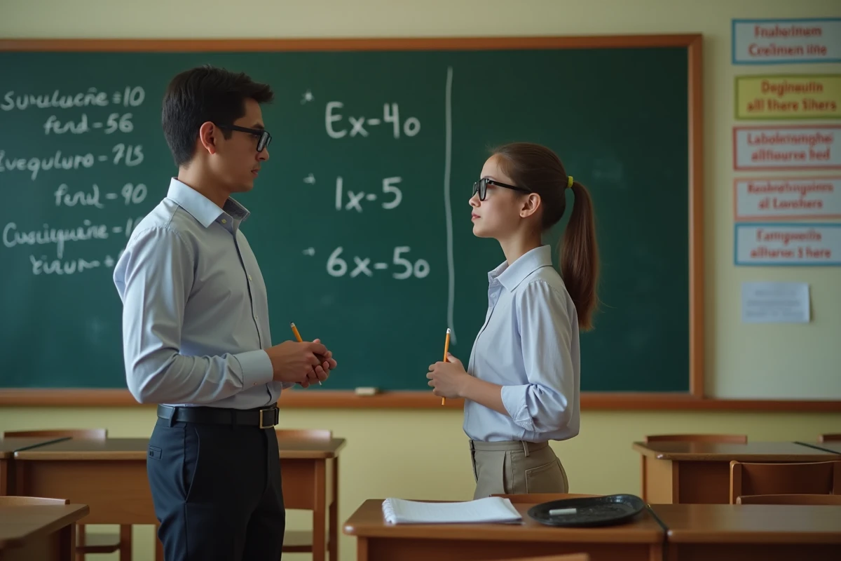 Jeune fille en classe discutant avec son père devant un tableau