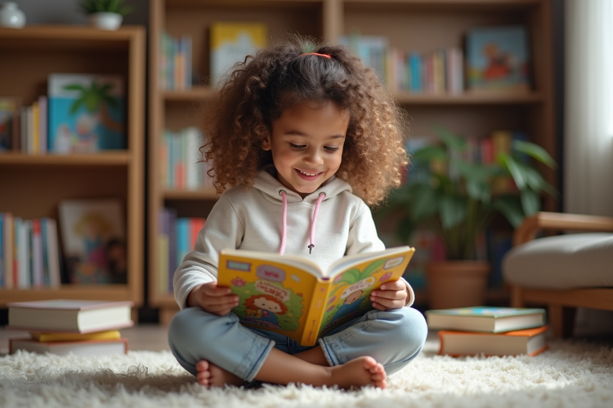 Fille lisant un livre coloré dans une bibliothèque chaleureuse
