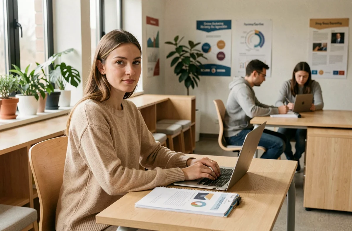 Apprenante de FormaSarthe suivant une formation en présentiel et numérique dans un espace pédagogique moderne et lumineux