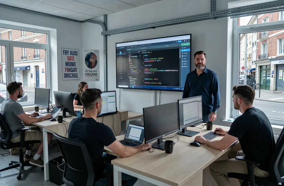 Session de formation numérique chez Formasat à Orléans avec un formateur et des stagiaires devant des ordinateurs