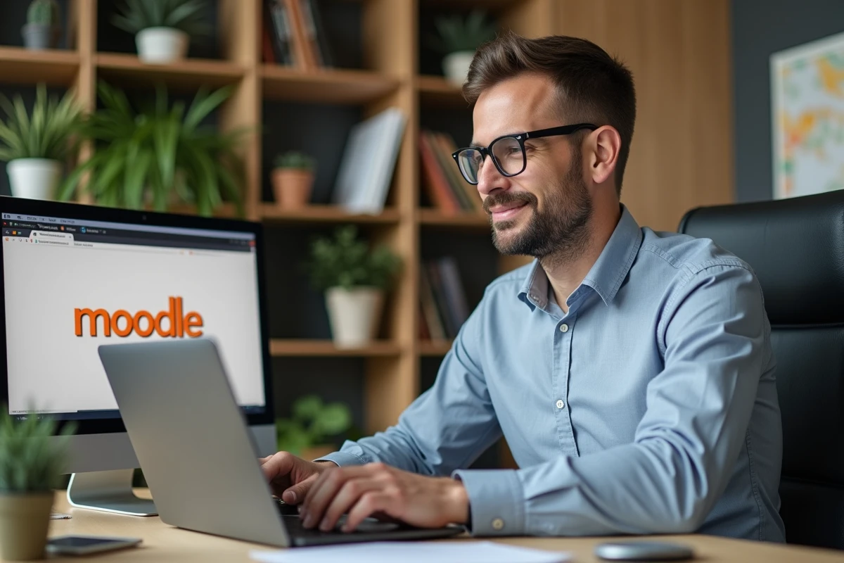 Formateur homme utilisant Moodle dans un bureau moderne