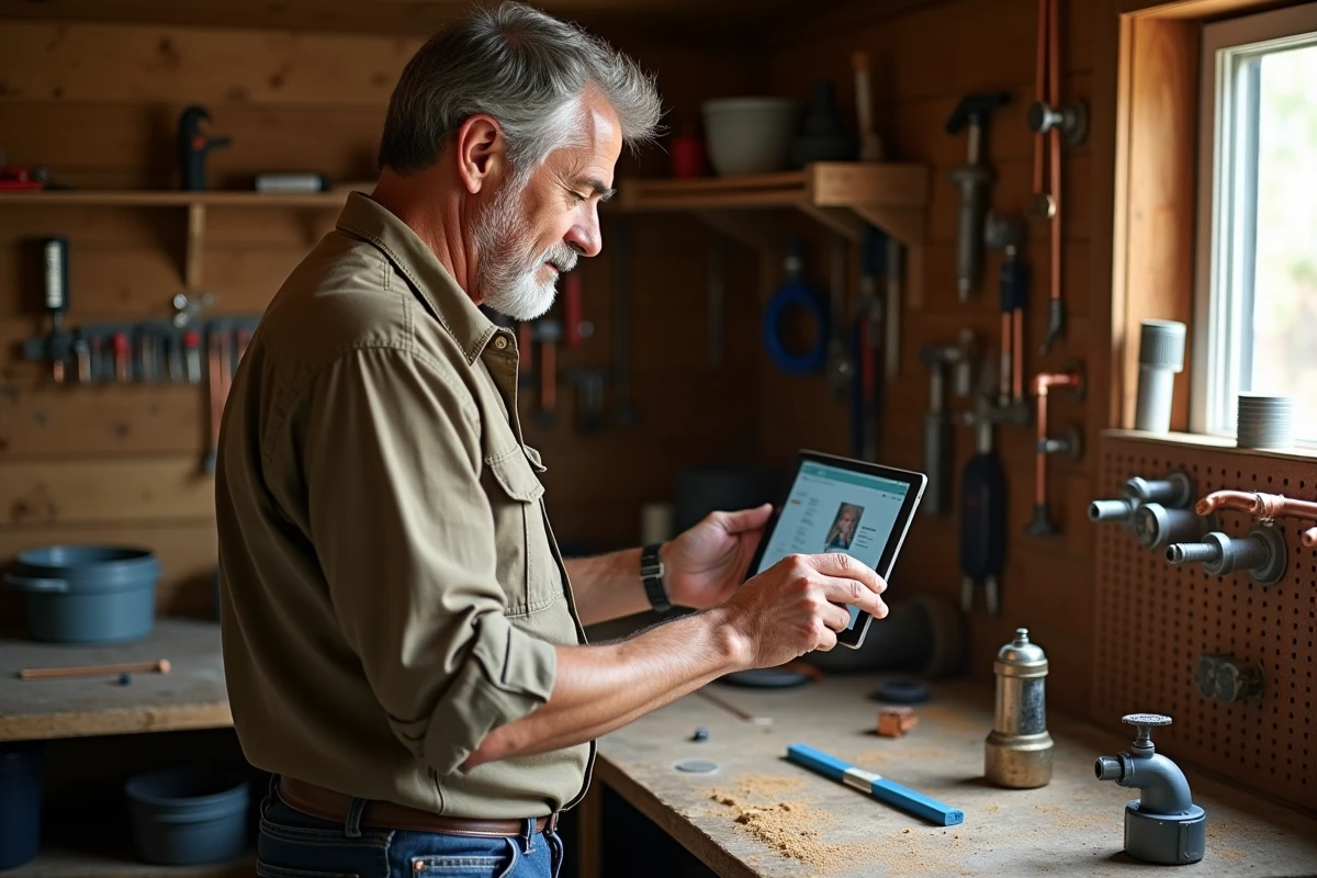 Homme senior dans un atelier de jardin regardant une formation plomberie CPF sur une tablette entouré d'outils de bricolage