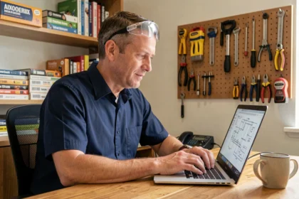 Homme adulte suivant une formation bricolage en ligne sur son ordinateur portable depuis son bureau à domicile aménagé avec des outils