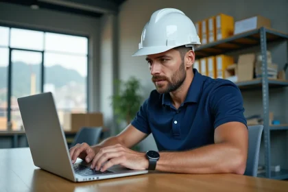 Professionnel du BTP consultant une formation CPF sur ordinateur portable dans un bureau industriel moderne