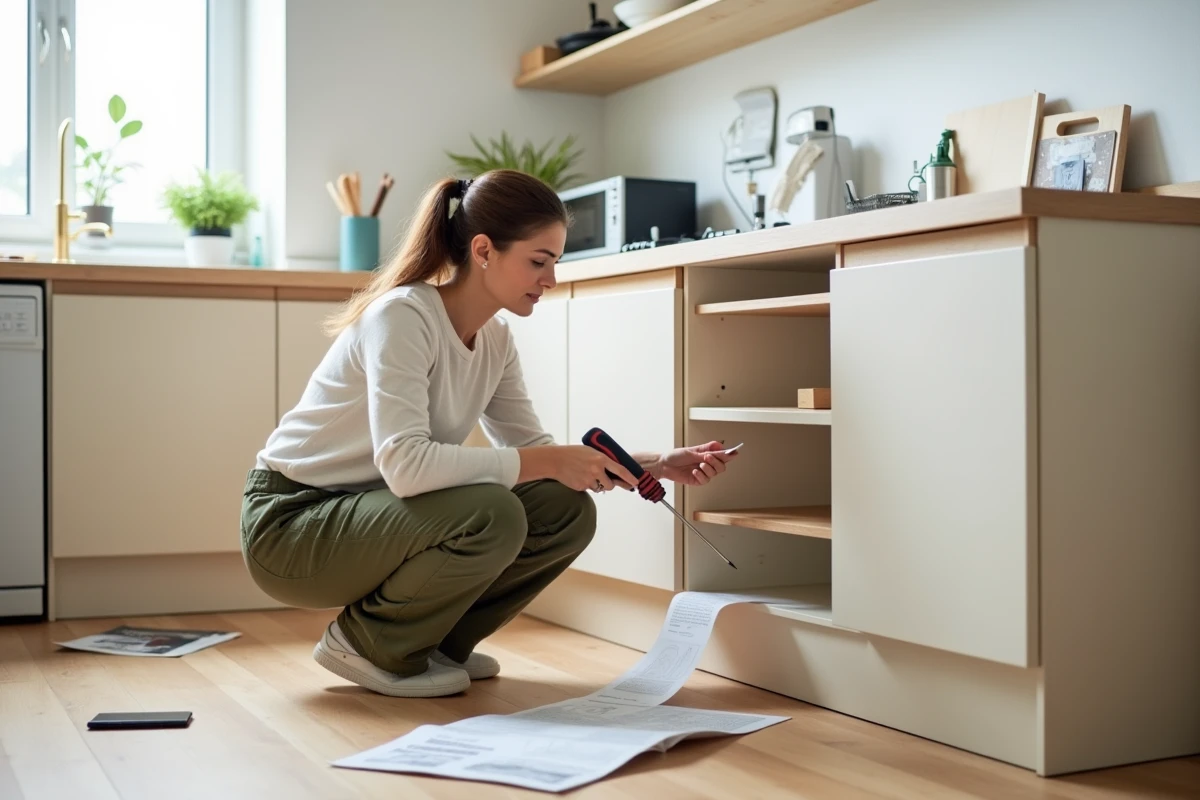 Femme assemblant un meuble de cuisine en suivant une formation bricolage éligible CPF depuis son smartphone à domicile