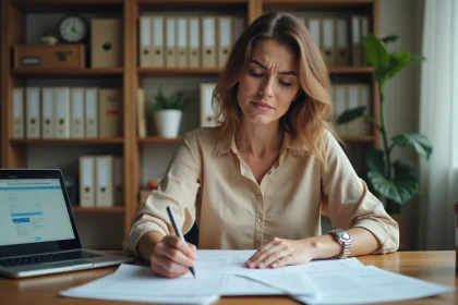 Femme consultant des documents administratifs pour une formation CPF sans papier à son bureau à domicile