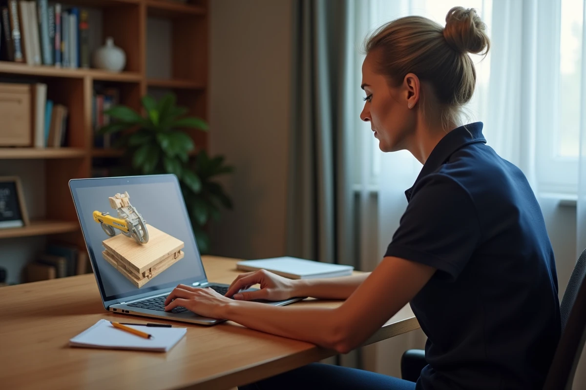 Femme suivant une formation en ligne en menuiserie sur ordinateur portable depuis son bureau à domicile