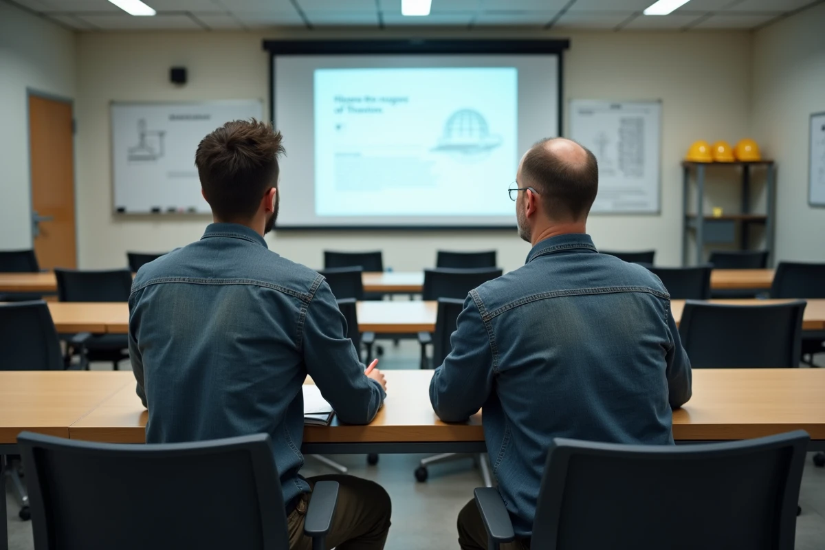 Deux ouvriers du BTP en formation professionnelle continue dans une salle de cours avec projection de diaporama sur les certifications