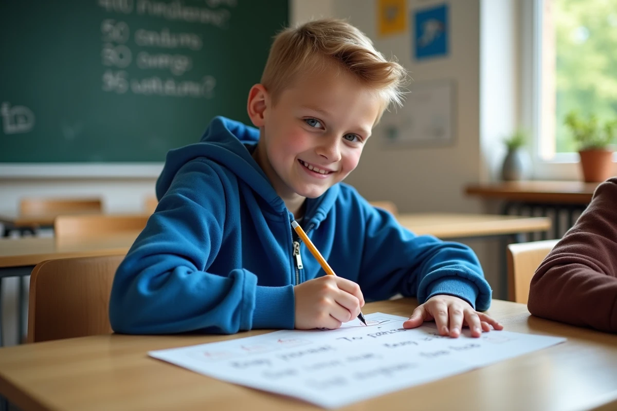 Garçon de 12 ans souriant en classe de français