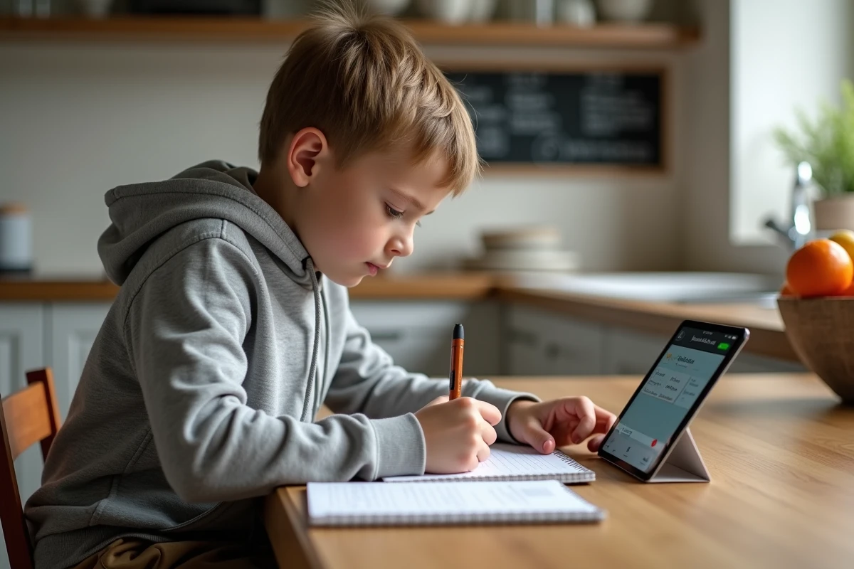 Garçon de 12 ans faisant ses devoirs avec une tablette dans la cuisine