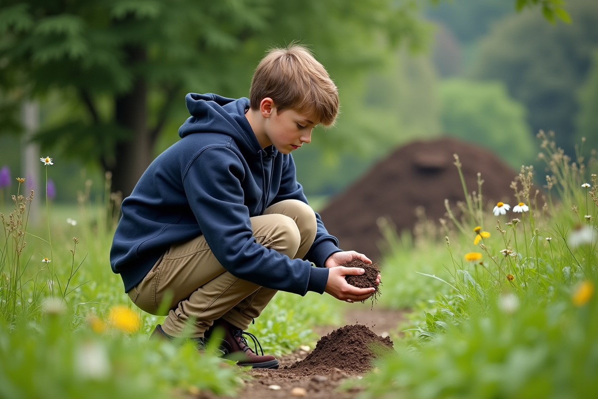 Garçon étudiant en sciences environnementales dans un parc