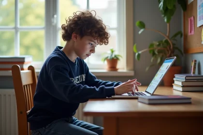 Garçon de 12 ans concentré sur une tablette à son bureau