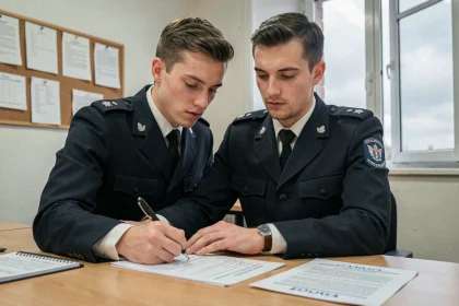 Jeune gendarme en uniforme rédigeant une lettre de motivation à son bureau avec des documents officiels