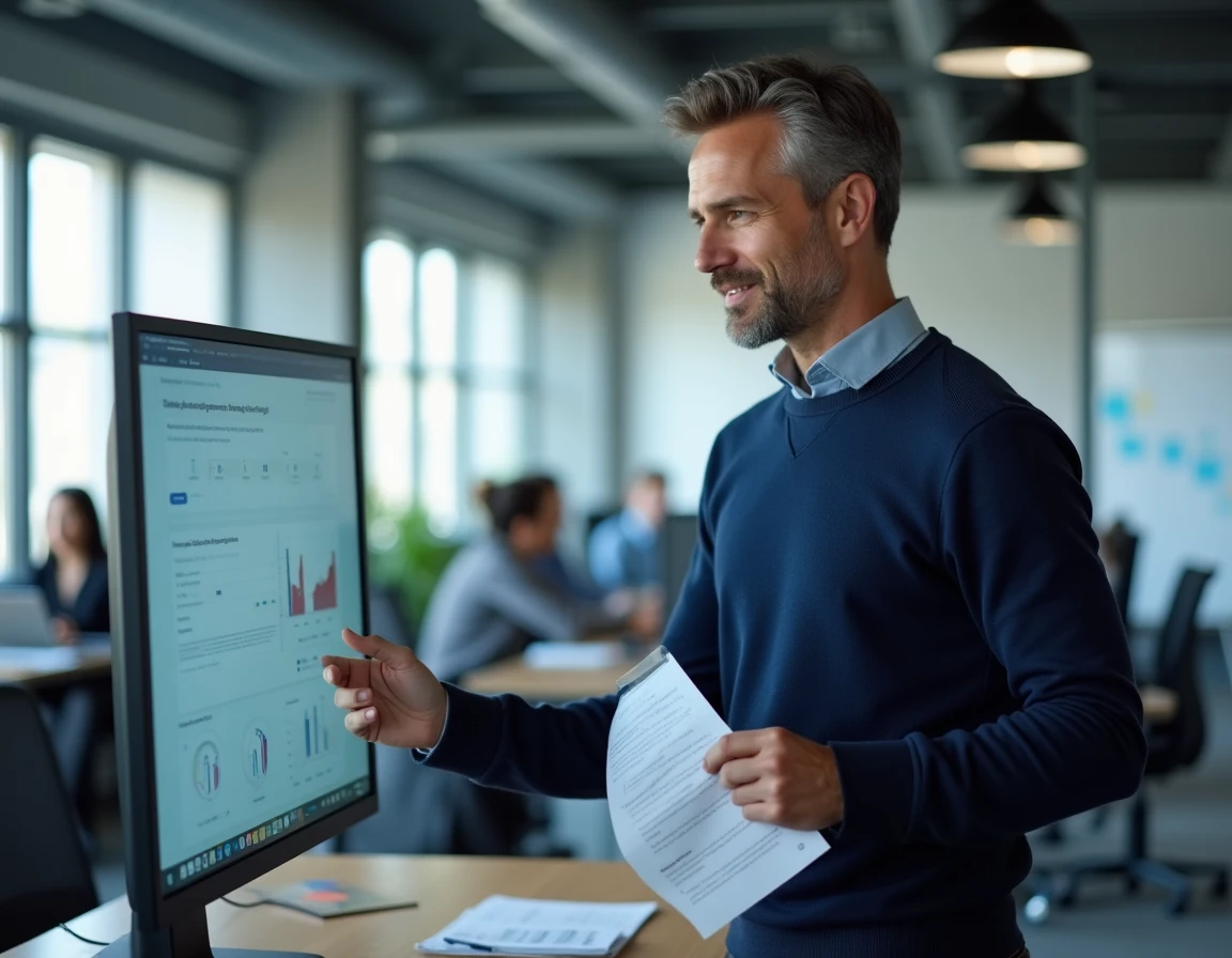 Homme en entreprise gérant la migration d'un abonnement emailing et la conservation de contacts sur un tableau de bord numérique