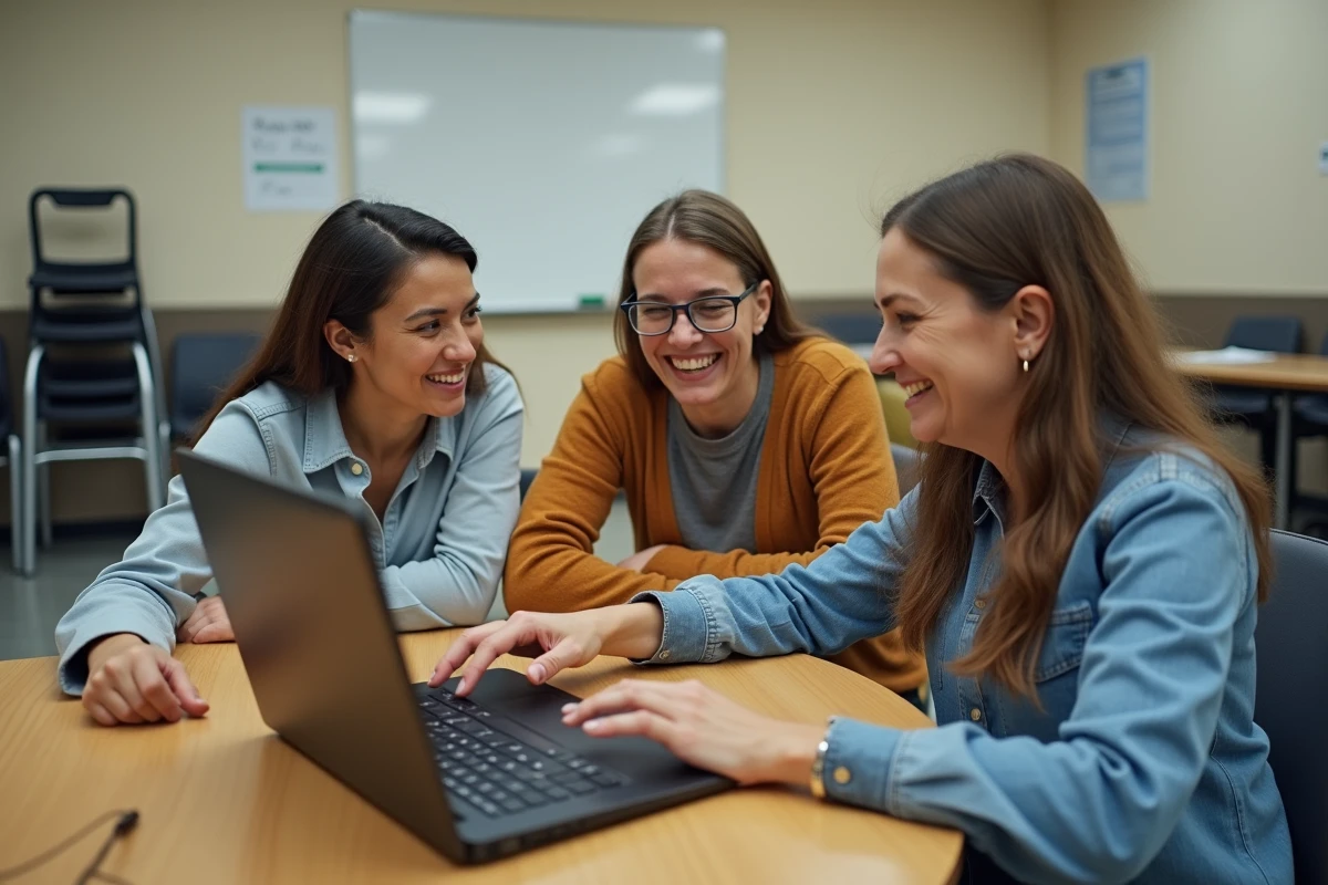 Groupe d'adultes apprenant le piano gratuitement en ligne sur un clavier MIDI portable dans un espace communautaire