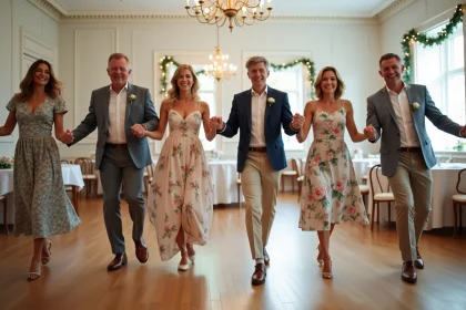 Groupe d'adultes apprenant la danse Madison en répétition pour un mariage dans une salle de réception décorée