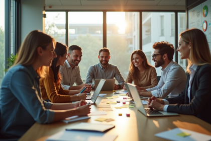 Groupe d'employes en brainstorming dans un bureau moderne