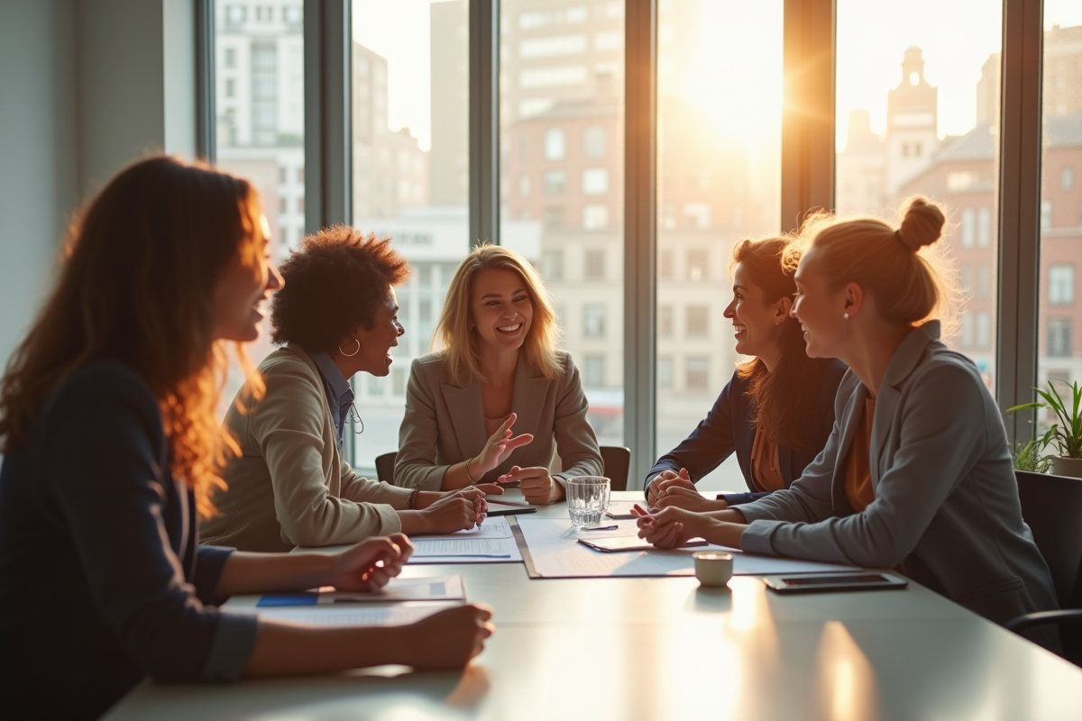 Cinq personnes diverses discutant autour d'une table moderne