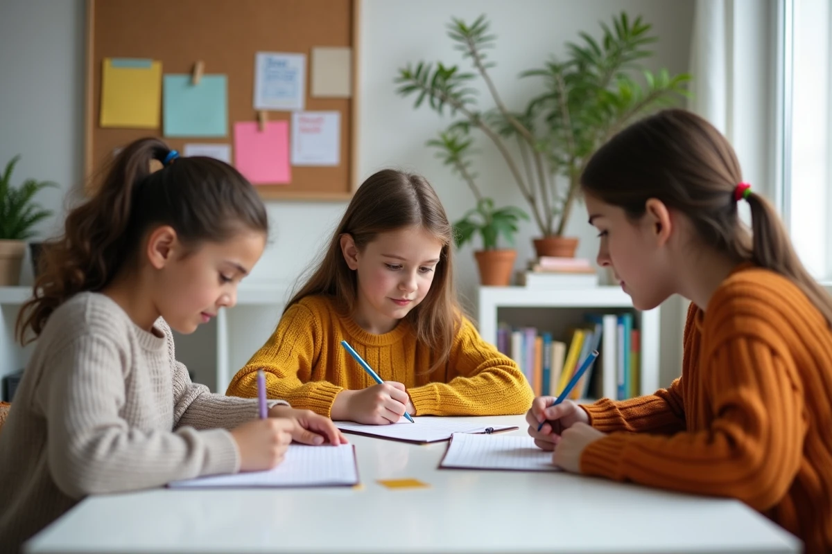 Trois élèves de CM2 font une dictée à la maison