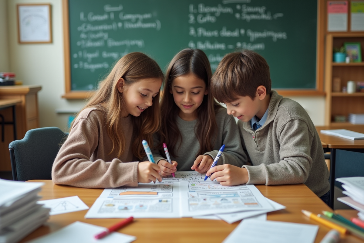 Trois collégiens créant un journal dans une classe avec tableau et posters