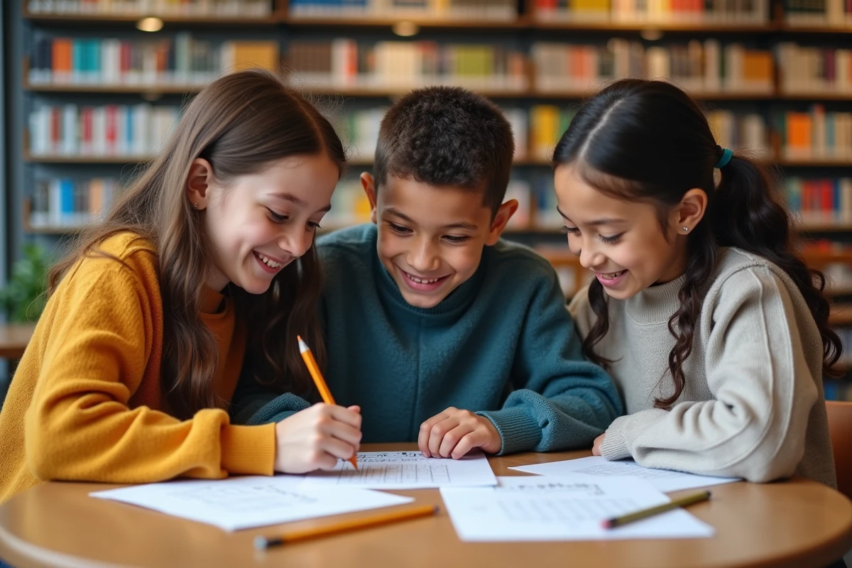 Trois élèves discutant autour d une table en bibliothèque