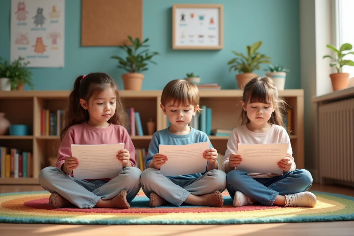 Trois élèves de CE1 assis sur un tapis de lecture suivant un texte imprimé ensemble dans le coin bibliothèque de la classe