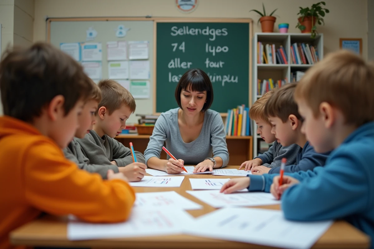 Enfants et professeur conjugant le verbe aller en classe