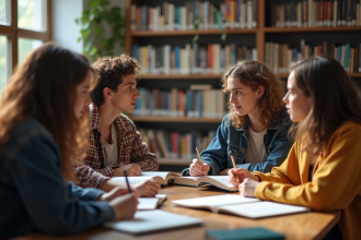 Groupe d'étudiants en bibliothèque étudiant la littérature