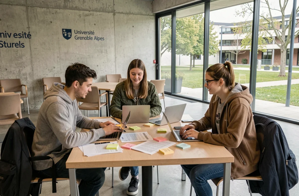 Groupe d'étudiants en collaboration sur un projet dans un espace commun du campus de l'Université Grenoble Alpes