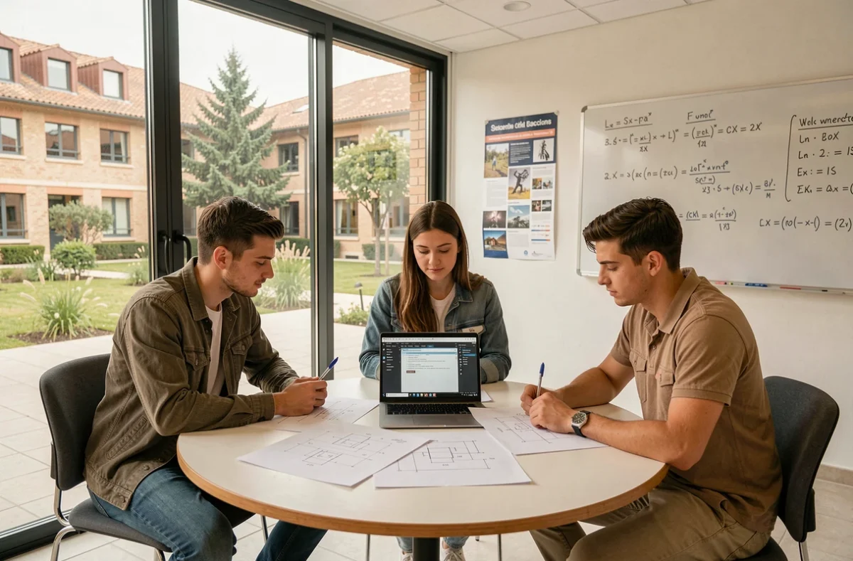 Groupe d'étudiants en école informatique en Haute-Garonne collaborant sur un projet technique autour d'une table dans une salle de travail vitrée