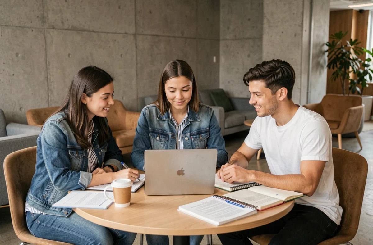 Groupe d'étudiants consultant ensemble l'extranet ESG dans un espace commun du campus