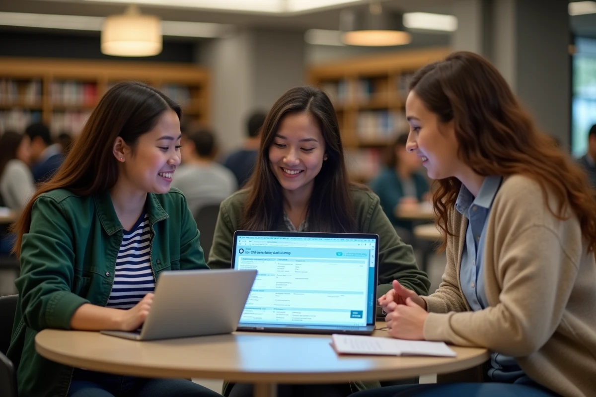 Groupe d'étudiants collaborant sur un outil de planification numérique partagé dans une bibliothèque universitaire pour organiser leur année scolaire